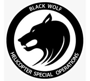 a black and white logo with a wolf head